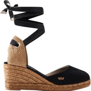 Viscata Barcelona Black Canvas Espadrille Wedge with Ankle Tie - Size 11